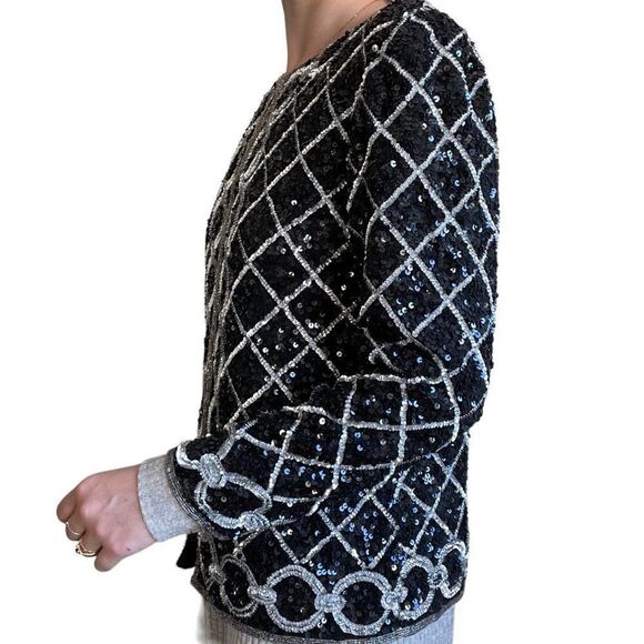 Vintage Womens 80s Silver Black Sequin Sparkly Geometric Silk Embroidered Blouse - Picture 6 of 8